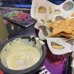 Queso and homemade tortilla chips Queso and homemade tortilla chips
