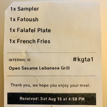 Open Sesame - Our original order listed on the receipt that was included in the bag. Note the second line item... - Lebanese Near Me - Dallas, Texas Open Sesame - Our original order listed on the receipt that was included in the bag. Note the second line item... - Lebanese Near Me - Dallas, Texas