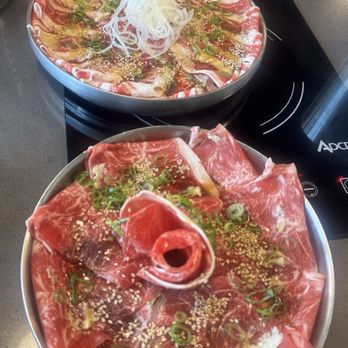 Mokkoji Shabu Shabu - Top to bottom: Fatty toro (large size) and flat iron/mokkoji style (regular size) - Japanese Near Me - Milpitas, California Mokkoji Shabu Shabu - Top to bottom: Fatty toro (large size) and flat iron/mokkoji style (regular size) - Japanese Near Me - Milpitas, California