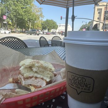 The Marietta Local - Fried Chicken and cheese biscuit and a vanilla latte! - Burgers Near Me - Marietta, Georgia The Marietta Local - Fried Chicken and cheese biscuit and a vanilla latte! - Burgers Near Me - Marietta, Georgia
