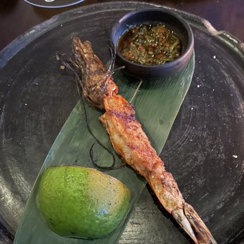 Jun - Prawn skewer ($9) -- sweet and nicely grilled, comes with tangy chimichurri - New American Near Me - Houston, Texas