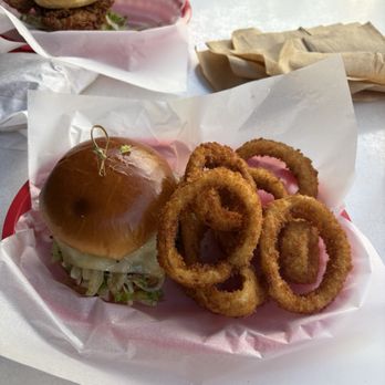 Banzai Burger - Portobello burger with onion rings (front) and chicken sandwiches (back). - Burgers Near Me - Honolulu, Hawaii Banzai Burger - Portobello burger with onion rings (front) and chicken sandwiches (back). - Burgers Near Me - Honolulu, Hawaii
