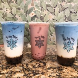 Sides are Blue Pea Milk Tea with Tapioca Pearls, middle is Strawberry Milk Tea with Strawberry Popping Boba!!! Sides are Blue Pea Milk Tea with Tapioca Pearls, middle is Strawberry Milk Tea with Strawberry Popping Boba!!!
