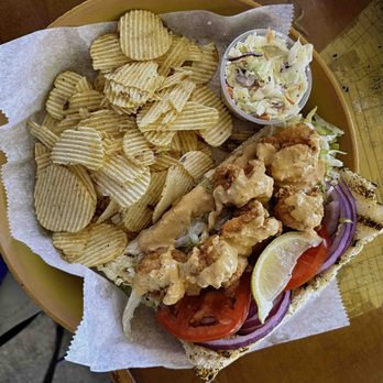Tide Tables - Shrimp Po' Boy with chips and coleslaw - Seafood Near Me - Cortez, Florida