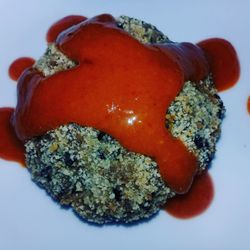Chef Jessica Bella - Bella's Superfoods - Vegan Forbidden Rice, Artichoke and Pepper Fritter with Cashew Sweet Chili Sauce. Made for Sacred Dinner Series in West Australia.