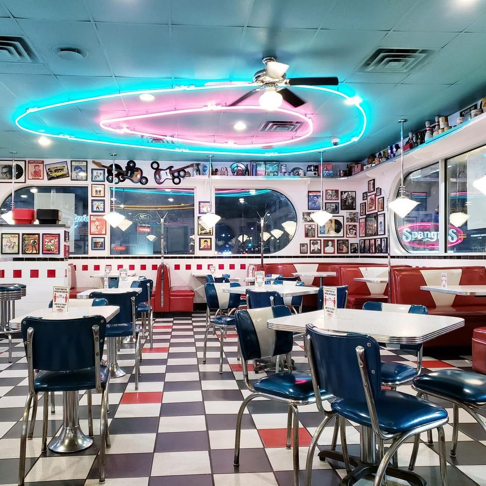 Spangles - the interior of a diner with a checkered floor - Fast Food Near Me - Topeka, Kansas