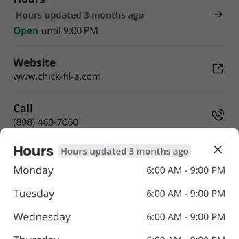 Chick-fil-A - Inaccurate hours of establishment - Chicken Shop Near Me - Honolulu, Hawaii
