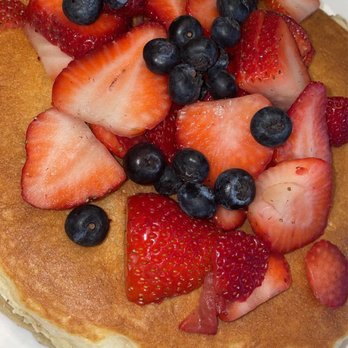 Buttermilk - Butter milk pancakes with strawberries and blueberries - Coffee & Tea Near Me - Geneva, Illinois