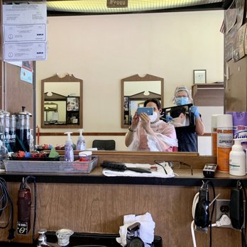 Chesterbrook Barber & Style Shop - After the long overdo trim - with cleaned up back in mirror. Note masks, shield, gloves and sanitizer! - Barbers Near Me - McLean, Virginia