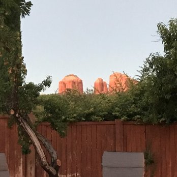 Moondance Sanctuary - View of Cathedral Rock from my chair by the pool. - Vacation Rentals Near Me - Sedona, Arizona