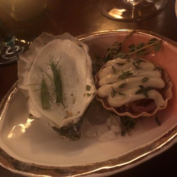 March - Lounge Snack: Pastis Oyster (left) and braised onion tart (right) - Mediterranean Near Me - Houston, Texas