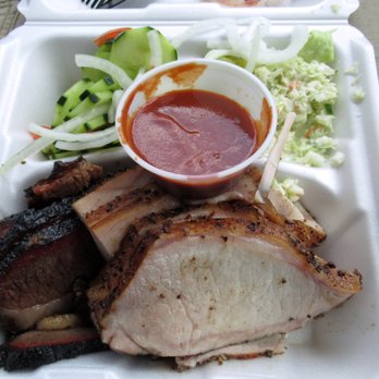 Lum's - 3 meat - brisket, turkey and pork Loin, with coleslaw and cucumber salad.  Yum! - Barbeque Near Me - Junction, Texas
