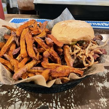 The Pharmacy Burger Parlor & Beer Garden - White Oak BBQ burger W/ sweet potato fries - Burgers Near Me - Nashville, Tennessee The Pharmacy Burger Parlor & Beer Garden - White Oak BBQ burger W/ sweet potato fries - Burgers Near Me - Nashville, Tennessee