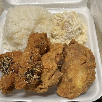 KJ's Local Grindz - Half fried chicken half furikake chicken, rice, and spaghetti noodles - Chicken Shop Near Me - Kaneohe, Hawaii