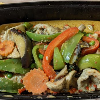 Little Bangkok - Gang kew wan with pork. As you can seen, very little meat, peppers not cooked enough, not exactly a large portion. - Thai Near Me - Grand Rapids, Michigan