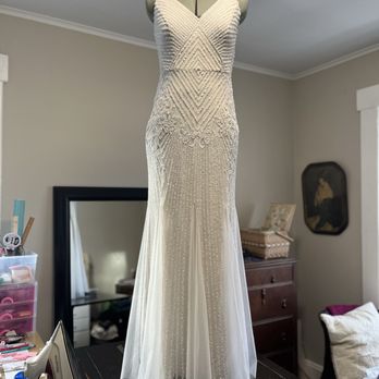 Village Seamstress - Beaded Mermaid Bridal Gown setup for hemming alterations. - Sewing & Alterations Near Me - Columbus, Ohio Village Seamstress - Beaded Mermaid Bridal Gown setup for hemming alterations. - Sewing & Alterations Near Me - Columbus, Ohio