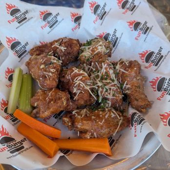 Funburger - Garlic parm crispy chicken wings. Star of the show!!! - Burgers Near Me - Valencia, California Funburger - Garlic parm crispy chicken wings. Star of the show!!! - Burgers Near Me - Valencia, California