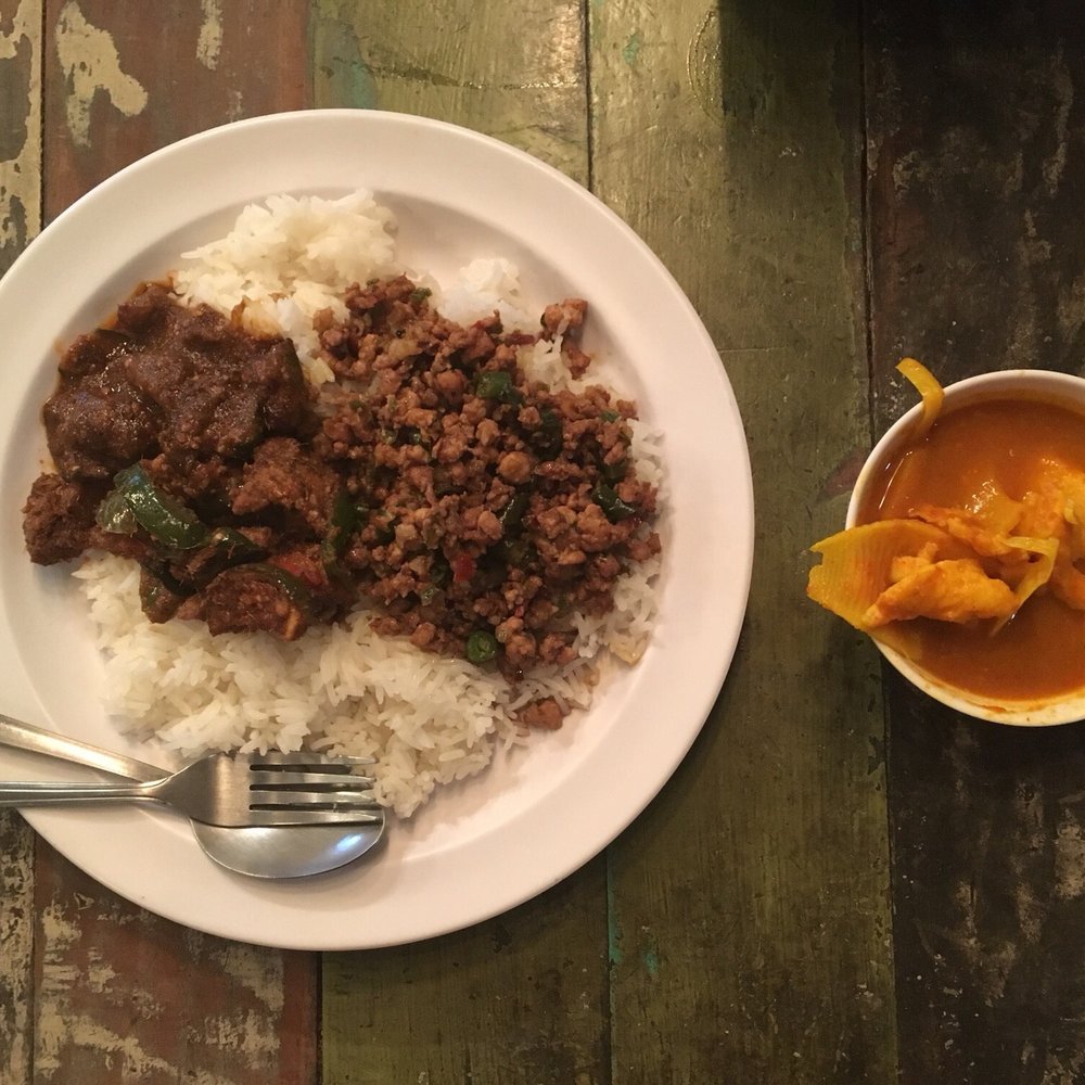 Khao Kang - Pad ped chicken, minced pork with basil, and spicy fish and fermented bamboo shoots in curry paste. - Thai Near Me - Elmhurst, New York Khao Kang - Pad ped chicken, minced pork with basil, and spicy fish and fermented bamboo shoots in curry paste. - Thai Near Me - Elmhurst, New York