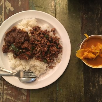 Khao Kang - Pad ped chicken, minced pork with basil, and spicy fish and fermented bamboo shoots in curry paste. - Thai Near Me - Elmhurst, New York Khao Kang - Pad ped chicken, minced pork with basil, and spicy fish and fermented bamboo shoots in curry paste. - Thai Near Me - Elmhurst, New York