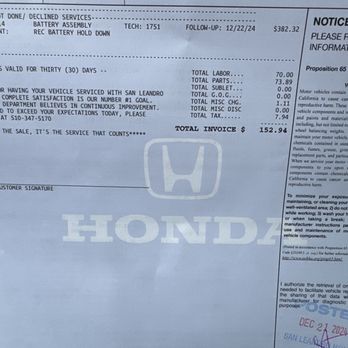 San Leandro Honda - After using my warranty it was $382 down to $152 - Car Dealers Near Me - San Leandro, California San Leandro Honda - After using my warranty it was $382 down to $152 - Car Dealers Near Me - San Leandro, California