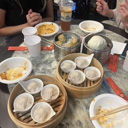 Pork a oup dumplings, big pork bun, and shumai (pork and shrimp dumplings)