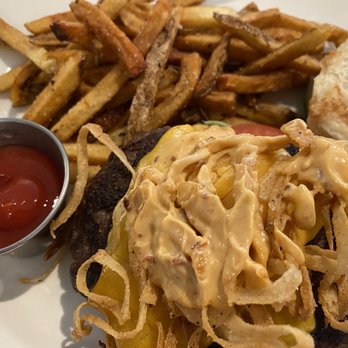 Kaufman Tavern - Bison burger with onion straws and fries - New American Near Me - Zelienople, Pennsylvania Kaufman Tavern - Bison burger with onion straws and fries - New American Near Me - Zelienople, Pennsylvania