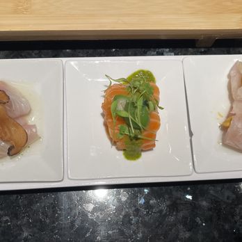 Komé - Kanpachi carpaccio, mango king salmon, and I forgot the last one xD - Sushi Bars Near Me - Dallas, Texas Komé - Kanpachi carpaccio, mango king salmon, and I forgot the last one xD - Sushi Bars Near Me - Dallas, Texas