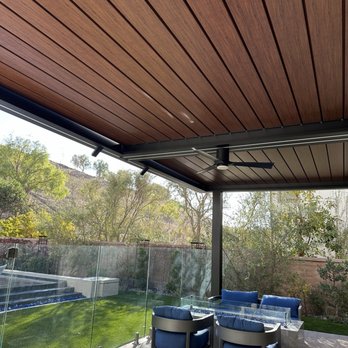Outdoor Elements - Look at the wood grain and realistic wood look of the louvers and how they lay flat - not obvious that they are louvers - Patio Coverings Near Me - Escondido, California