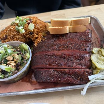 Moo's Craft Barbecue - Full pound of ribs, half pound of brisket, large kimchi fried rice, small cucumber salad - Barbeque Near Me - Los Angeles, California Moo's Craft Barbecue - Full pound of ribs, half pound of brisket, large kimchi fried rice, small cucumber salad - Barbeque Near Me - Los Angeles, California