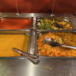From bottom right to top left: vegan biryani, chickpeas, zera aloo, Rajma Masala From bottom right to top left: vegan biryani, chickpeas, zera aloo, Rajma Masala
