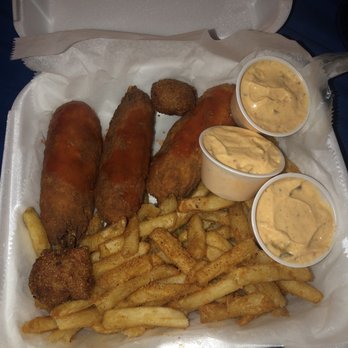 Sam's Southern Eatery - 3 stuffed shrimp with fries, tartar sauce and hush puppies. - Southern Near Me - Bossier City, Louisiana