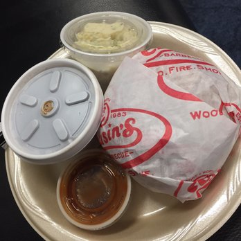Cousin's BBQ - Pulled pork sandwich, beans, and potato salad- all pre-packaged and put on a plate - Barbeque Near Me - Dallas, Texas