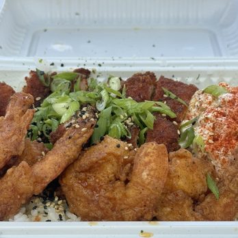 Shootz - Mixed Plate - Half Katsu and 4 Pieces of Shrimp sauced with signature Kimchi Butter. Served with Mac Salad and rice with furikake - Hawaiian Near Me - Long Beach, California Shootz - Mixed Plate - Half Katsu and 4 Pieces of Shrimp sauced with signature Kimchi Butter. Served with Mac Salad and rice with furikake - Hawaiian Near Me - Long Beach, California