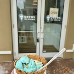 Drews Ice Cream - Cookie Monster on top of Birthday Cake on a waffle bowl.