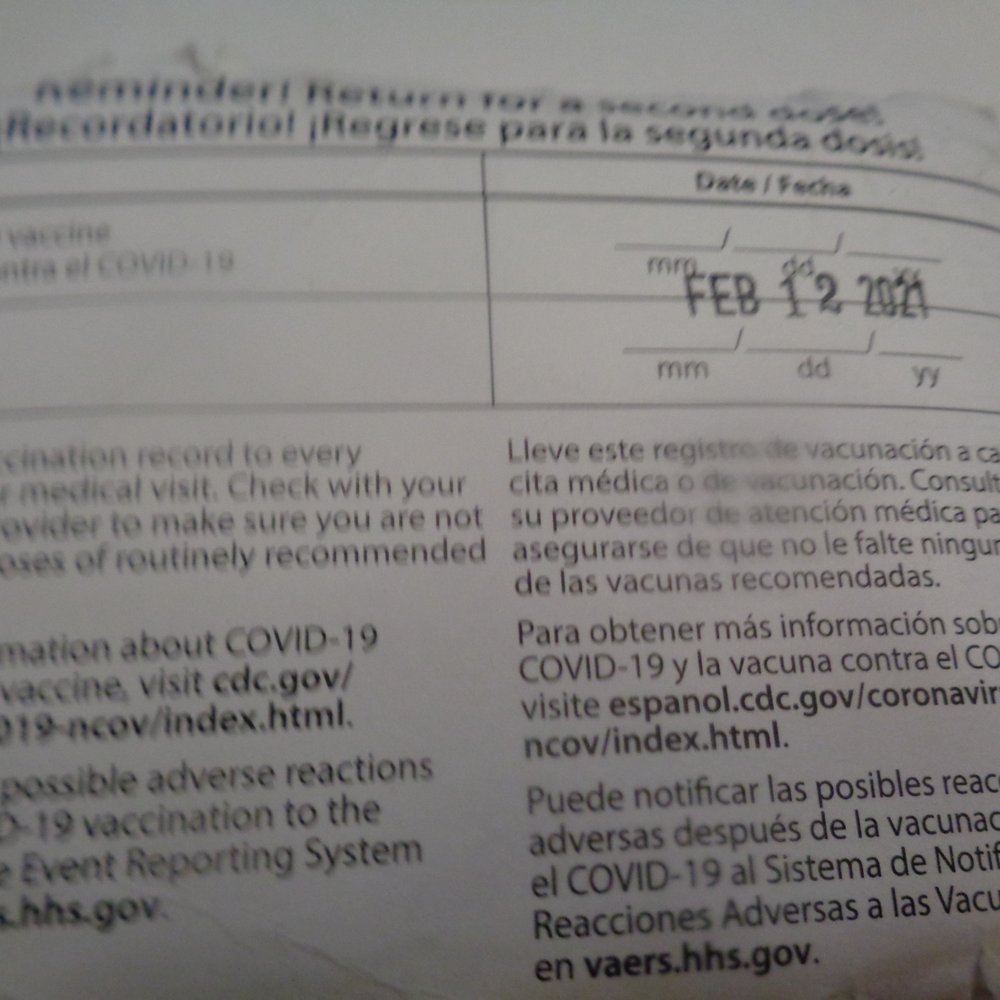 Unlaminated Back of Covid-19 Vaccination Card