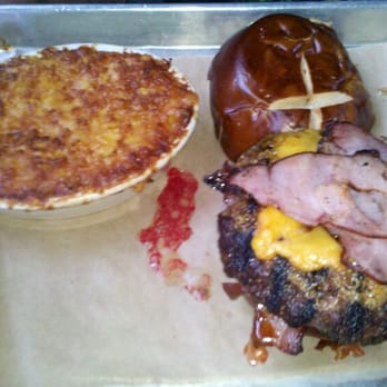 Vinsetta Garage - Macon Bacon Burger; smoked cheddar, maple bacon, pancetta, canadian bacon, bacon jam. Union mac on the side - American Near Me - Berkley, Michigan Vinsetta Garage - Macon Bacon Burger; smoked cheddar, maple bacon, pancetta, canadian bacon, bacon jam. Union mac on the side - American Near Me - Berkley, Michigan