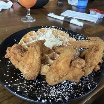 Marquee Restaurant & Lounge - chicken and waffles with Sweet and Spicy sauce on the side - New American Near Me - Saint Louis, Missouri Marquee Restaurant & Lounge - chicken and waffles with Sweet and Spicy sauce on the side - New American Near Me - Saint Louis, Missouri