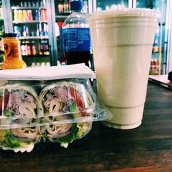 McLean Deli - Turkey and cheese wrap with avocado and a banana, oatmeal smoothie