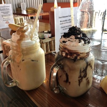 Untoasted - Dulce de Leche Latte (left) & Oreo Latte with soy milk (right) - Breakfast & Brunch Near Me - Hallandale Beach, Florida Untoasted - Dulce de Leche Latte (left) & Oreo Latte with soy milk (right) - Breakfast & Brunch Near Me - Hallandale Beach, Florida
