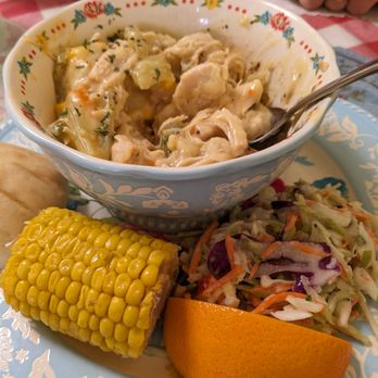 Harvey House Museum - Bowl of Chicken and Dumplings with corn and coleslaw. - Museums Near Me - Belen, New Mexico