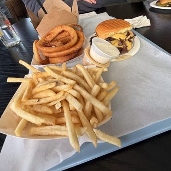For The Win - onion rings, brussel sprouts (10/10 get them) , and them fries :3, plus the other worldly burger. btw that ranch and fry sauce !!! - Burgers Near Me - Whittier, California