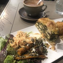 Mes amis Food - Spicy carrot cole slaw, a lentil-carrot-goat cheese salad, Swiss chard and kale quiche, & dried tomato w/mozzarella risotto balls.