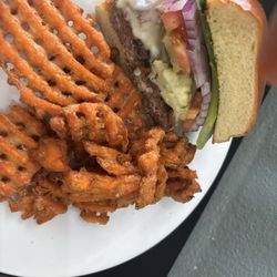 Side Track Restaurant - Sweet potato fries with "soft tail" burger