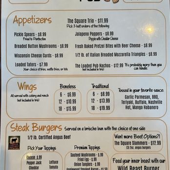 The Square Pub - Menu Front - Pubs Near Me - Sullivan, Indiana