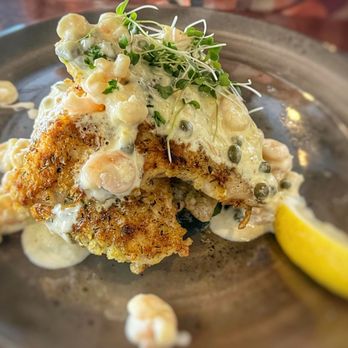 Tidal Raves - Herb and Nut encrusted Rockfish w/caper Beurre Blanc sauce and baby Shrimp! - New American Near Me - Depoe Bay, Oregon Tidal Raves - Herb and Nut encrusted Rockfish w/caper Beurre Blanc sauce and baby Shrimp! - New American Near Me - Depoe Bay, Oregon