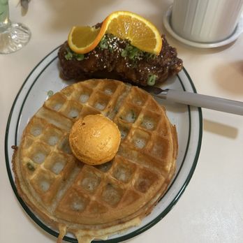 Agnes and Sherman - Scallion waffle with orange chicken - Diners Near Me - Houston, Texas Agnes and Sherman - Scallion waffle with orange chicken - Diners Near Me - Houston, Texas