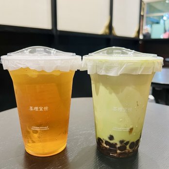 Charlie's Tea - Phoenix Dancong Oolong Tea (left) & Matcha Latte w/ Brown Sugar Bubbles (rt) - Coffee & Tea Near Me - San Gabriel, California