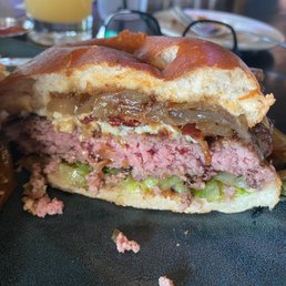 Blackened bacon & Blue burger, cooked medium $18.  Very good
