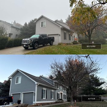 Bishop Exteriors - Before and after James Hardie Gray Slate siding with Arctic White trim, soffit, and fascia installed in Omaha's Cryer neighborhood - Roofing Near Me - Omaha, Nebraska Bishop Exteriors - Before and after James Hardie Gray Slate siding with Arctic White trim, soffit, and fascia installed in Omaha's Cryer neighborhood - Roofing Near Me - Omaha, Nebraska