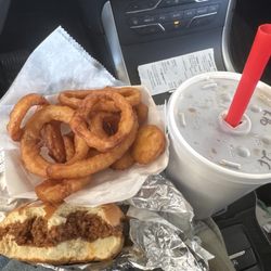 Short's Rootbeer Stand - Bbq sloppy teddy, onion rings, & lg root beer
